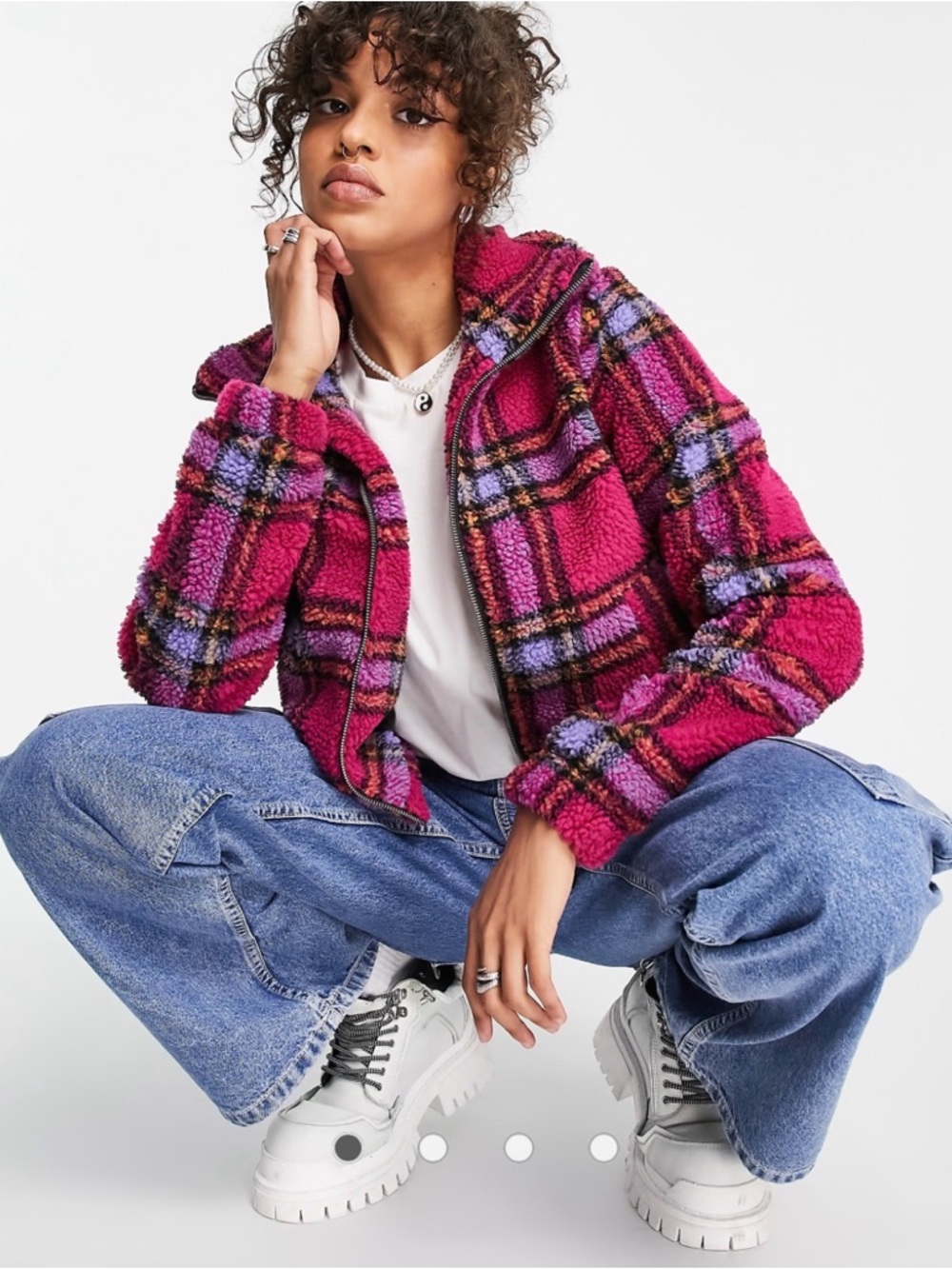 Noisy May Hot Pink Check Teddy Fleece Zip Up Jacket
